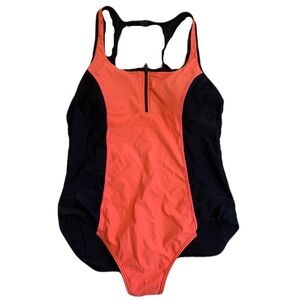 Roots Black & Coral Zip-Front One-Piece Swimsuit - Size 16